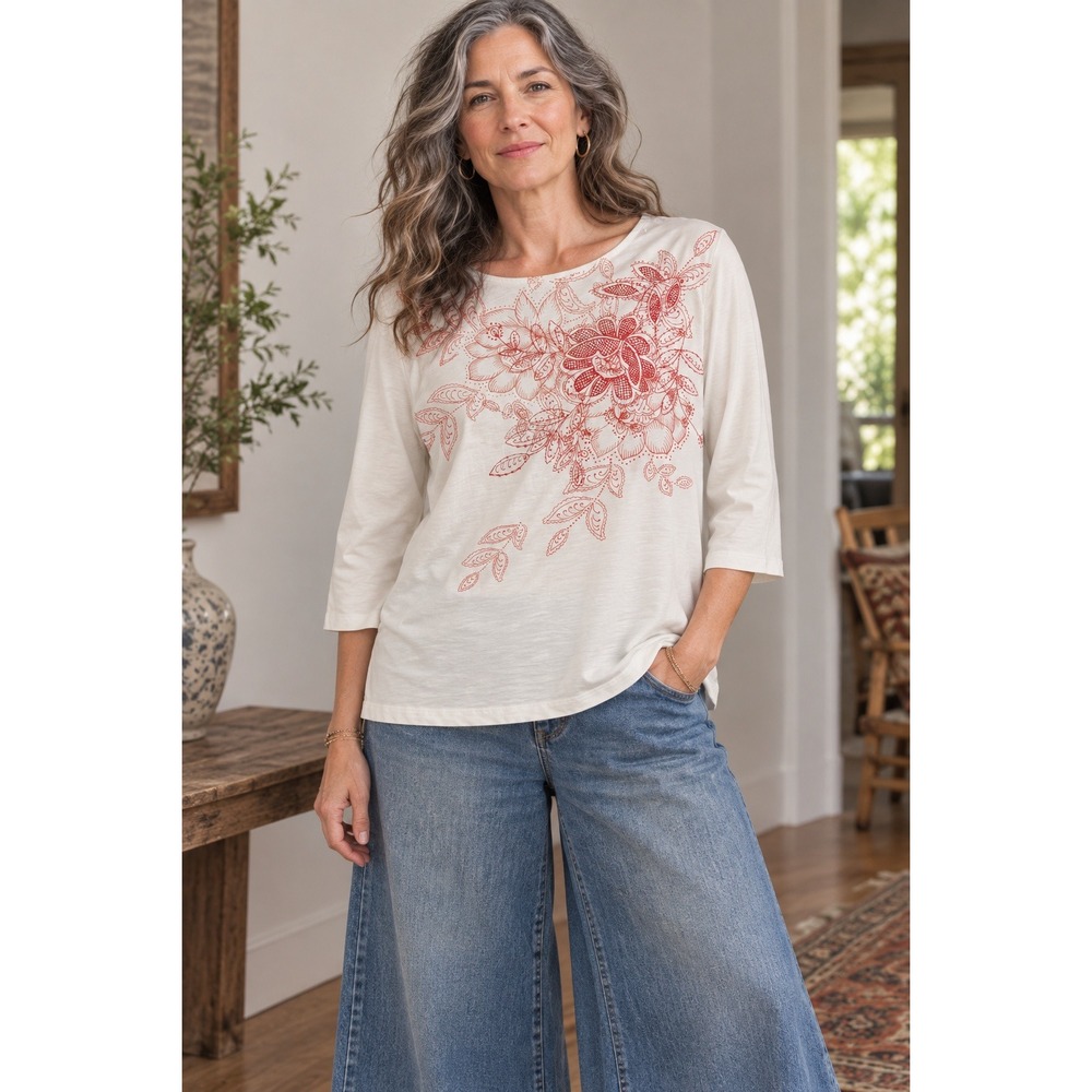 Coldwater Creek Embroidered Top 1X White Cotton Floral Pullover 3/4 Sleeve Artsy